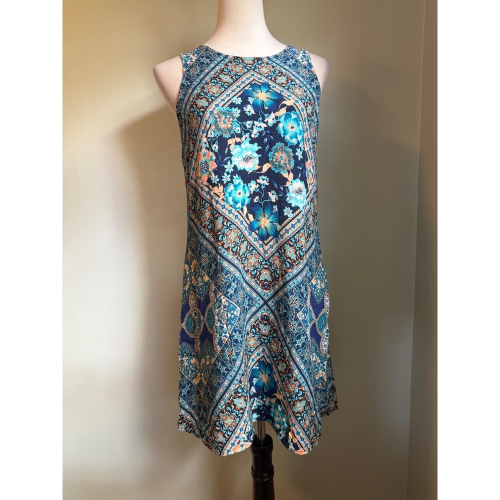 Blue Floral fairy whimsi Boho Rayon Sleeveless mini Dress Small resort beach y2k